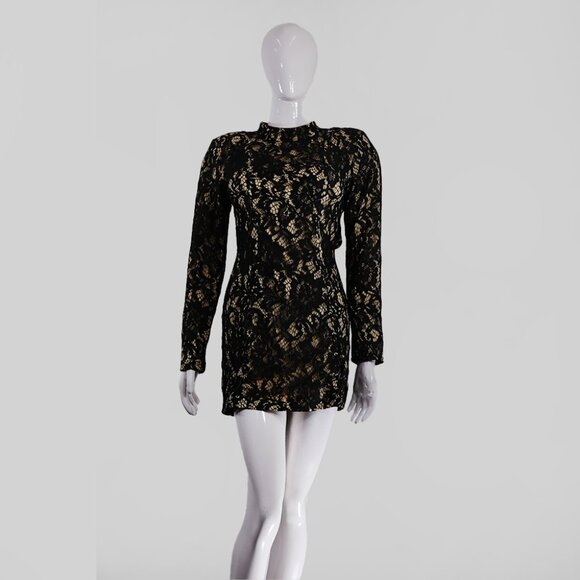 Elegant Black Gold Lace Mini Dress, Long Sleeve Bodycon - Picture 1 of 6